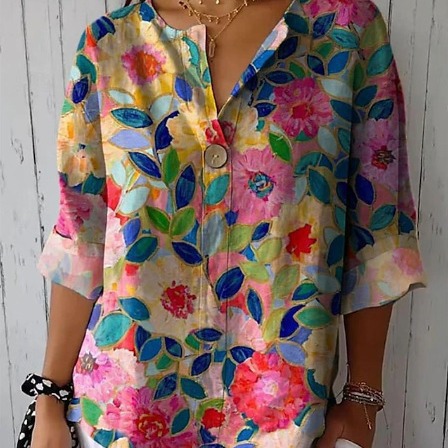 Button V-Neck Casual Top T-Shirt