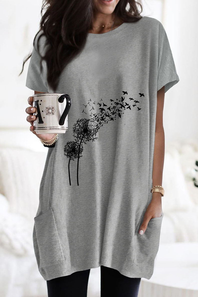 Side Pocket Dandelion Print Short Sleeve Loose Long T-Shirt