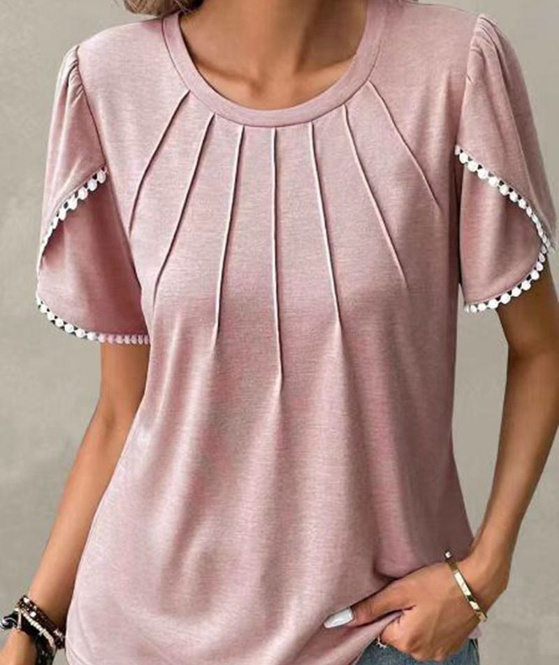 Pleated Short Sleeve T-Shirt with Petal Sleeves and Round Neck