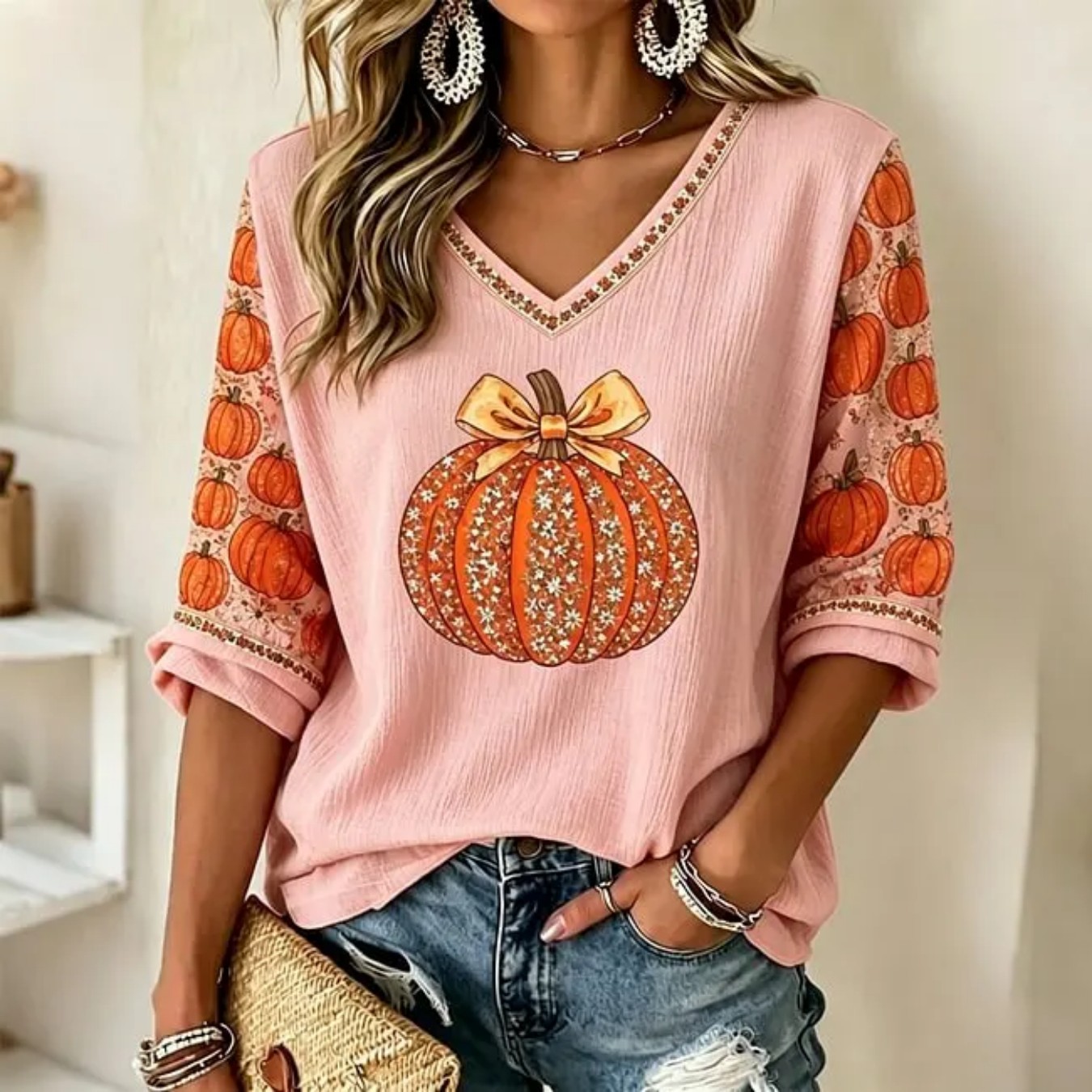Pumpkin Bow Print V-Neck Half-Sleeve T-Shirt