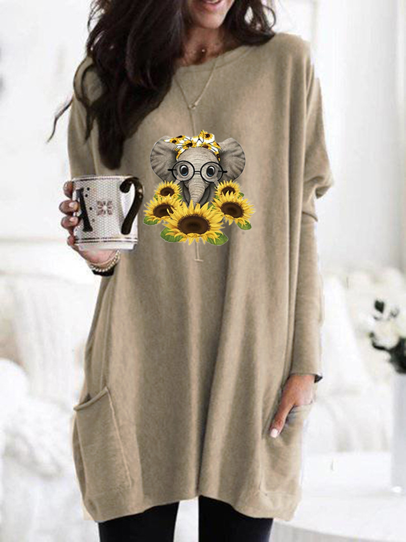 Women's Long Sleeve Loose Crewneck Elephant Print Pocket T-Shirt