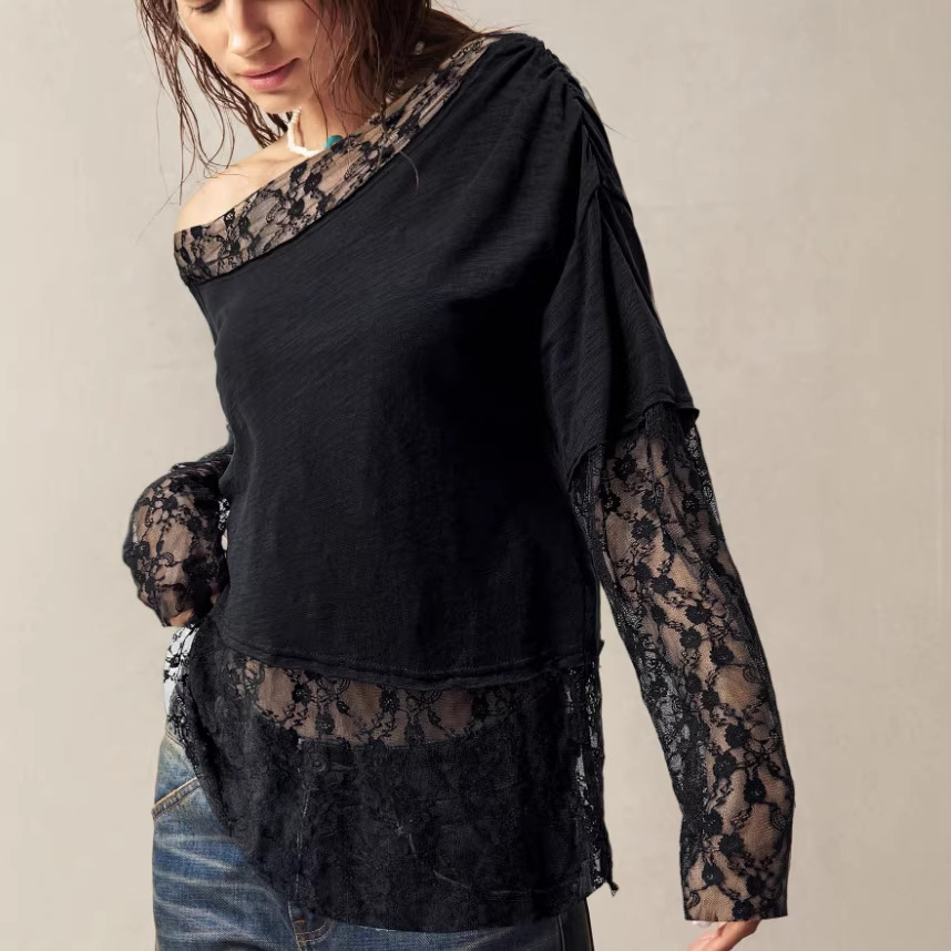 Bohemian One-Shoulder Long-Sleeve Lace-Cuff T-Shirt