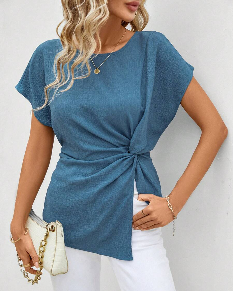 Women's Solid Asymmetric Knotted Short Sleeve T-Shirt