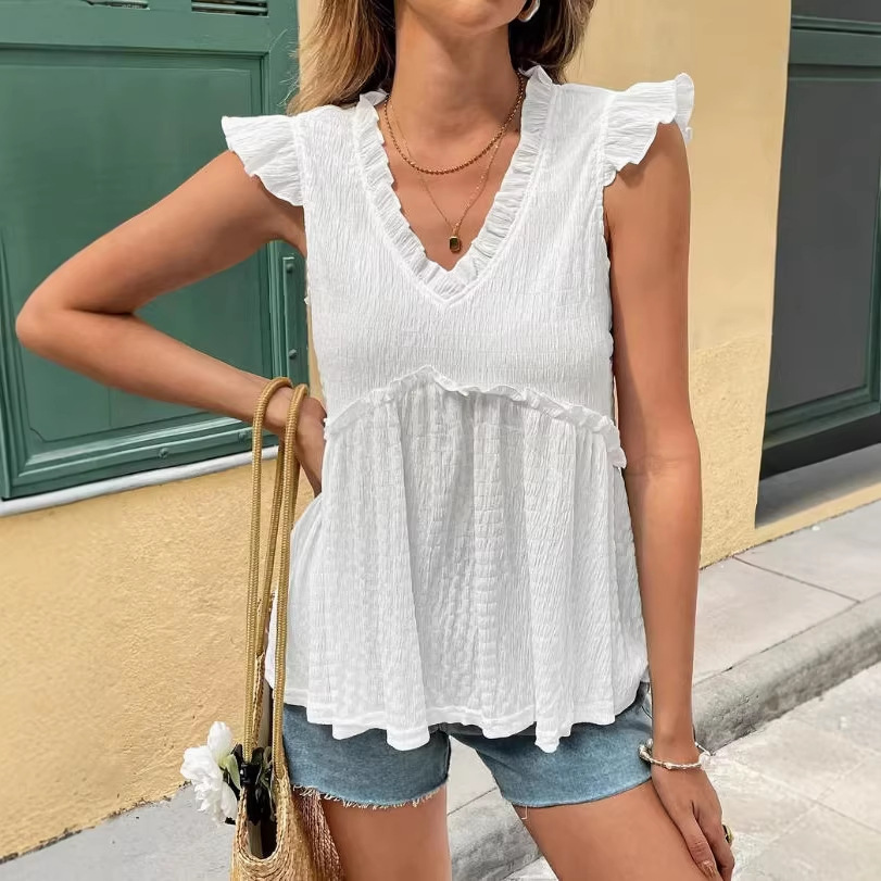 Women's Sleeveless Ruffle Pleated Solid Blouse