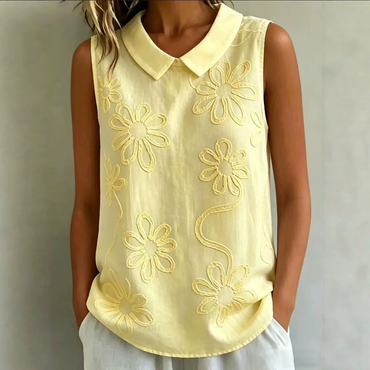 Floral Embroidered Sleeveless Tank Top Loose Fit