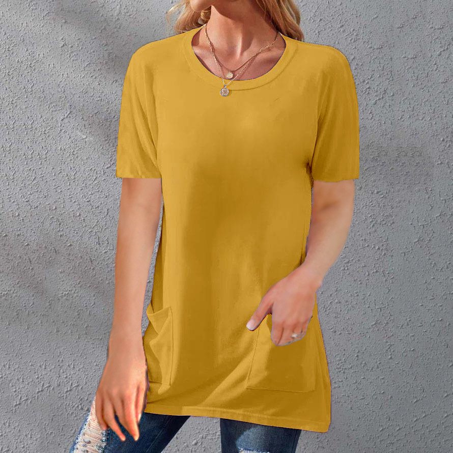 Women's Loose Fit Crewneck Short Sleeve Pocket Solid Midi T-Shirt