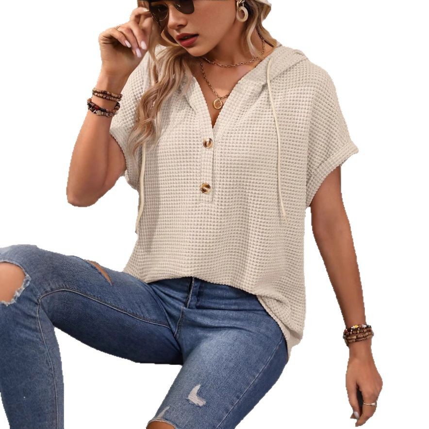 Women's Casual Hooded Short Sleeve T-Shirt with Buttons
