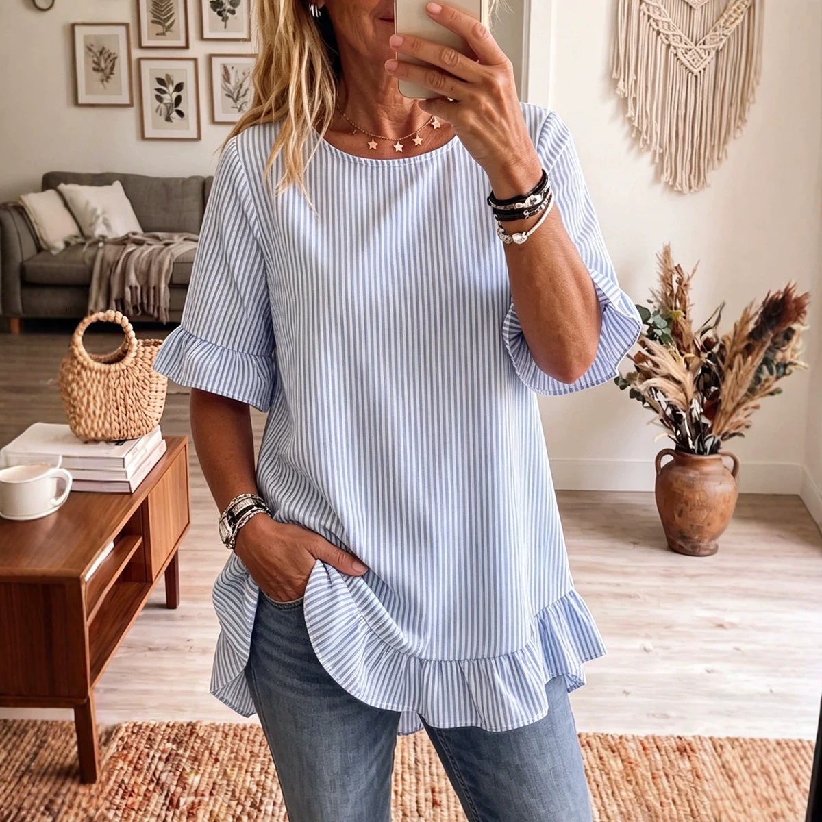 Women's Striped Ruffle Half-Sleeve Loose Casual Shirt