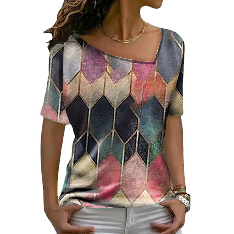 Women's Colorblock V-Neck Short Sleeve Printed Top T-Shirt