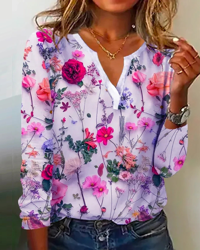 Floral Print V-Neck Long-Sleeve T-Shirt Top
