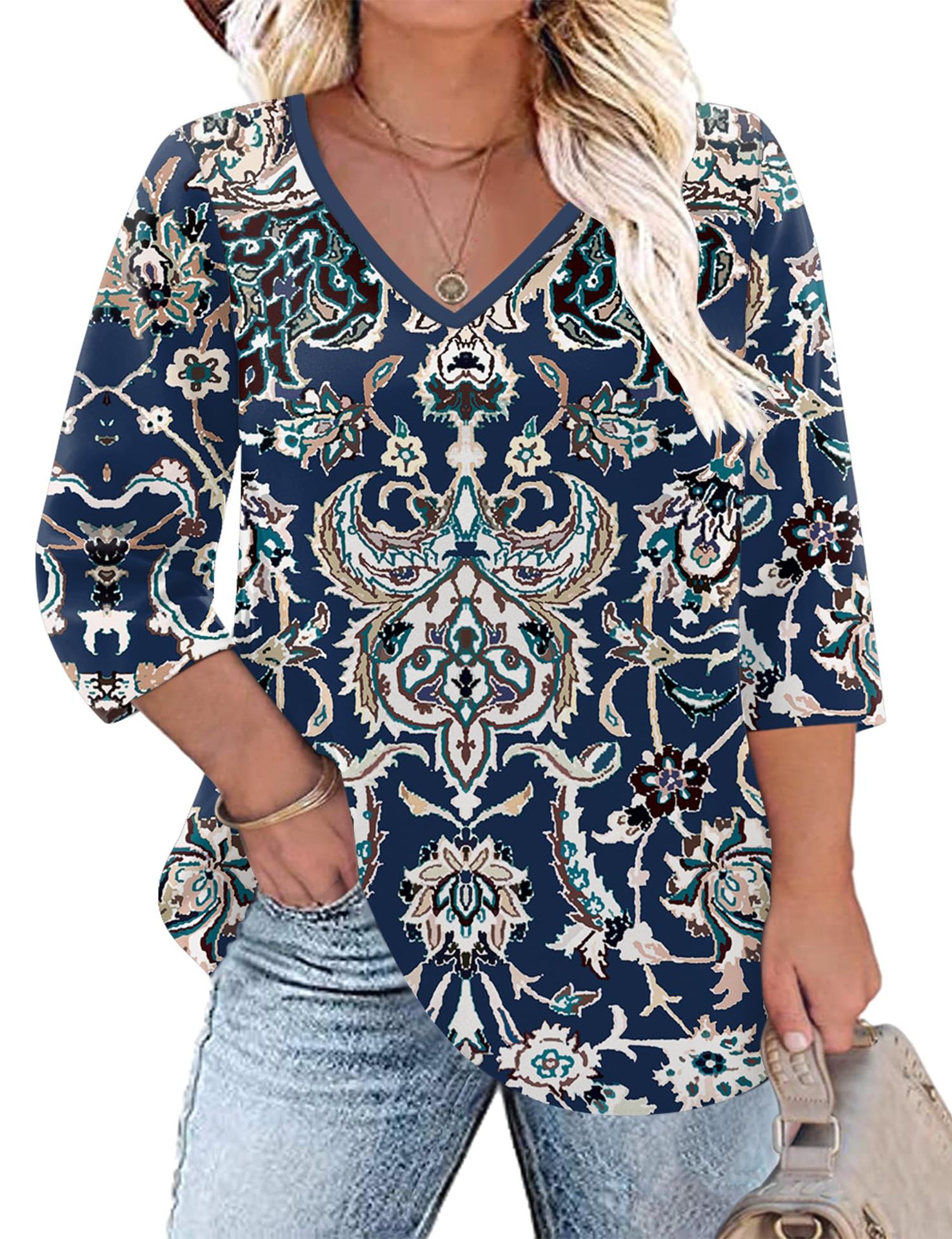 Women's Floral Print V-Neck Loose Long Sleeve T-Shirt