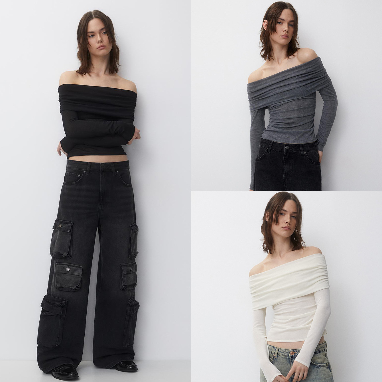 Sexy Off-Shoulder Long-Sleeve T-Shirt Solid Color Slim Fit Cropped Top
