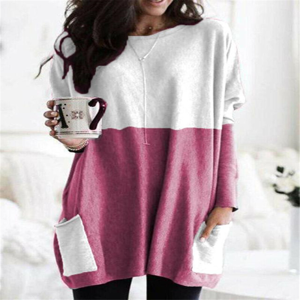 Women's Long Sleeve Pocket T-Shirt Casual Loose Fit Solid Color