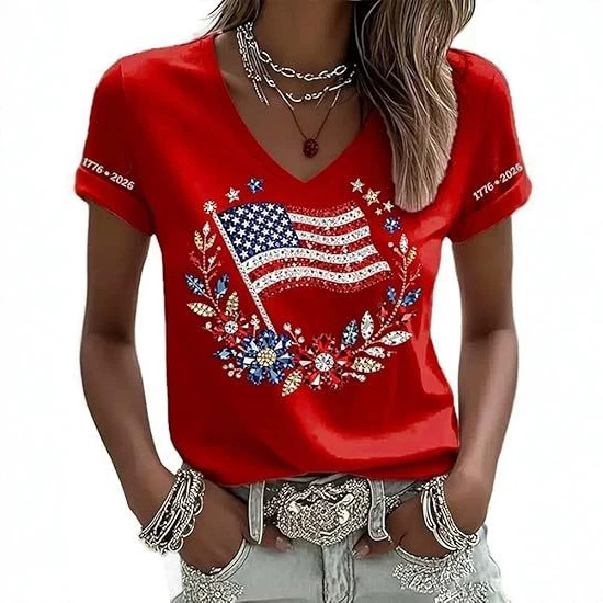 American Flag Print V-Neck Short Sleeve Women's T-Shirt