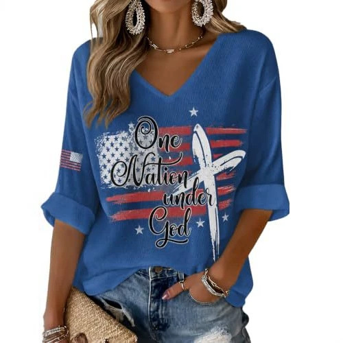 American Flag Letter Print V-Neck Half-Sleeve T-Shirt for Women