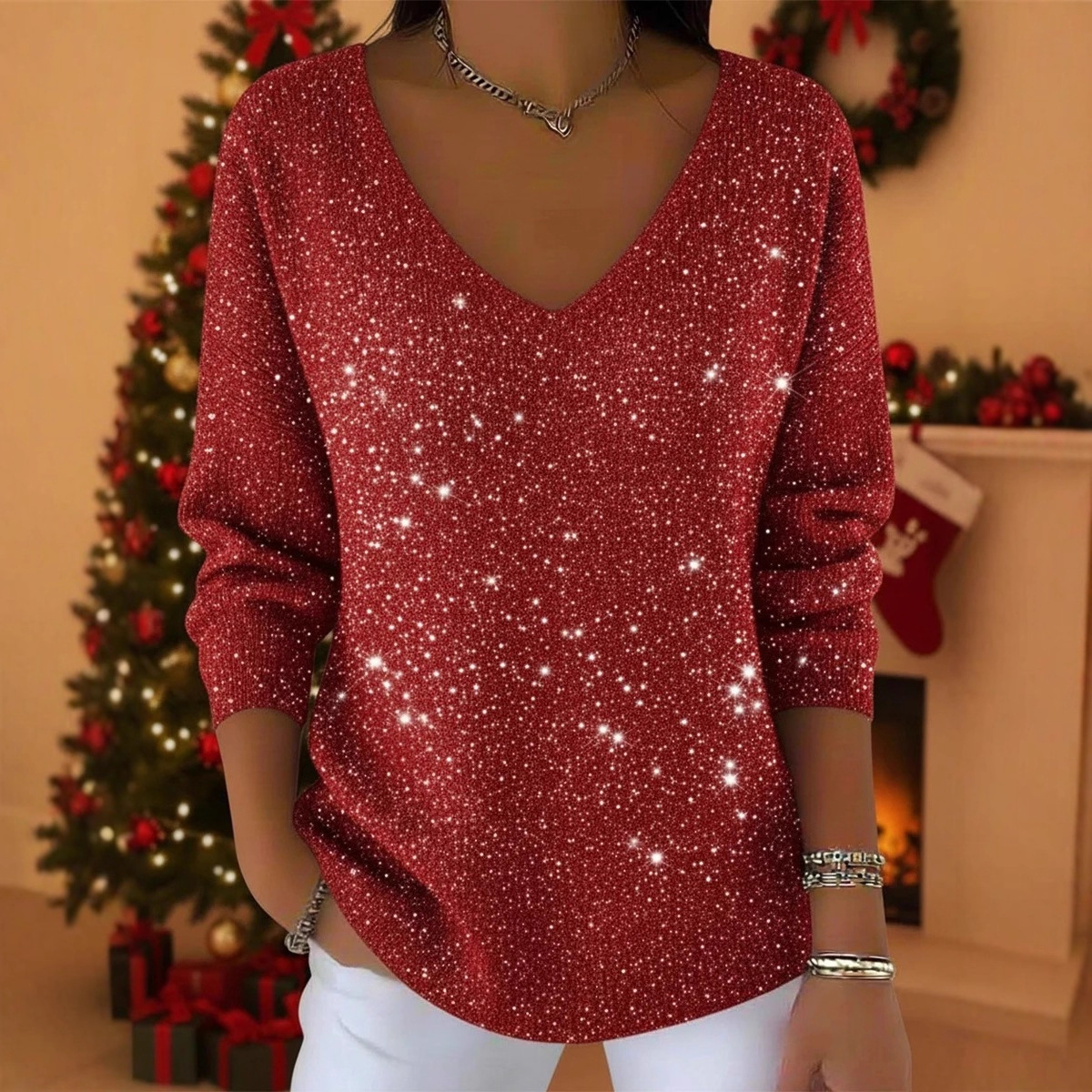Women's Long Sleeve V-Neck Glitter T-Shirt Casual Versatile Top