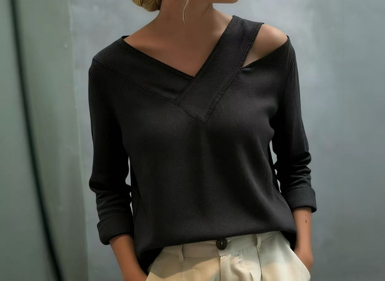 Elegant Off-Shoulder V-Neck Long-Sleeve Solid Top