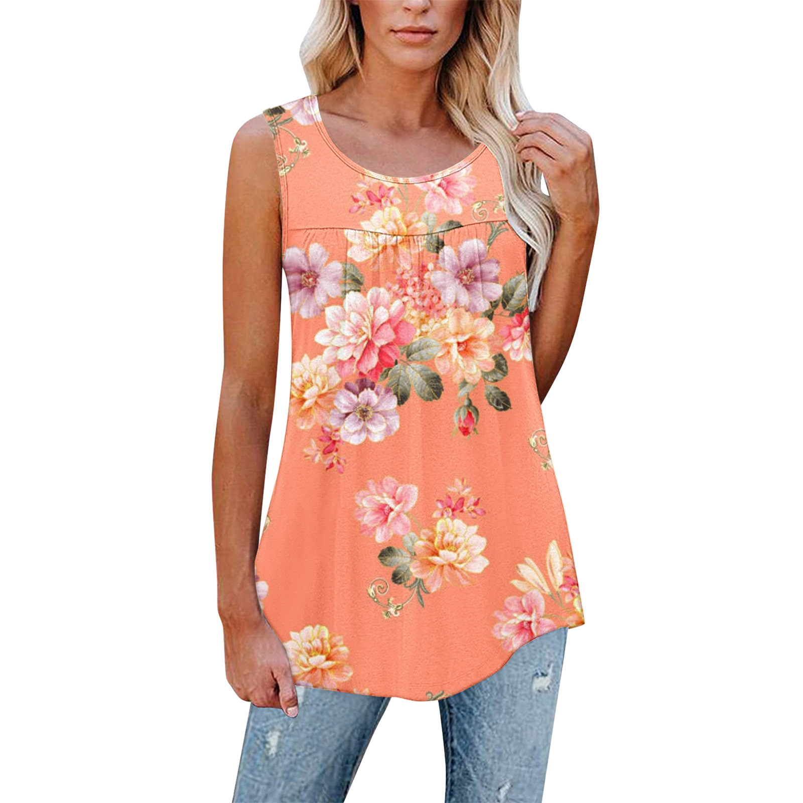 Floral Print Sleeveless Pleated Loose Fit Tank Top T-Shirt for Women
