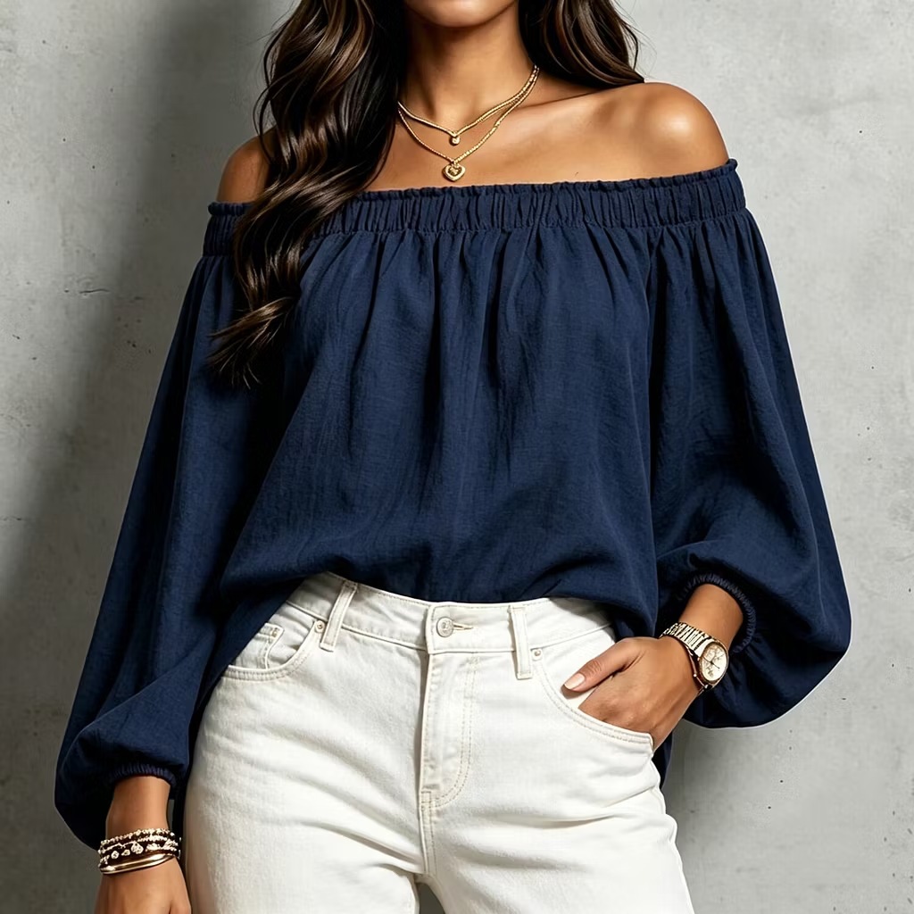 Women's Off-Shoulder One-Line Neck Loose Long-Sleeve Blouse