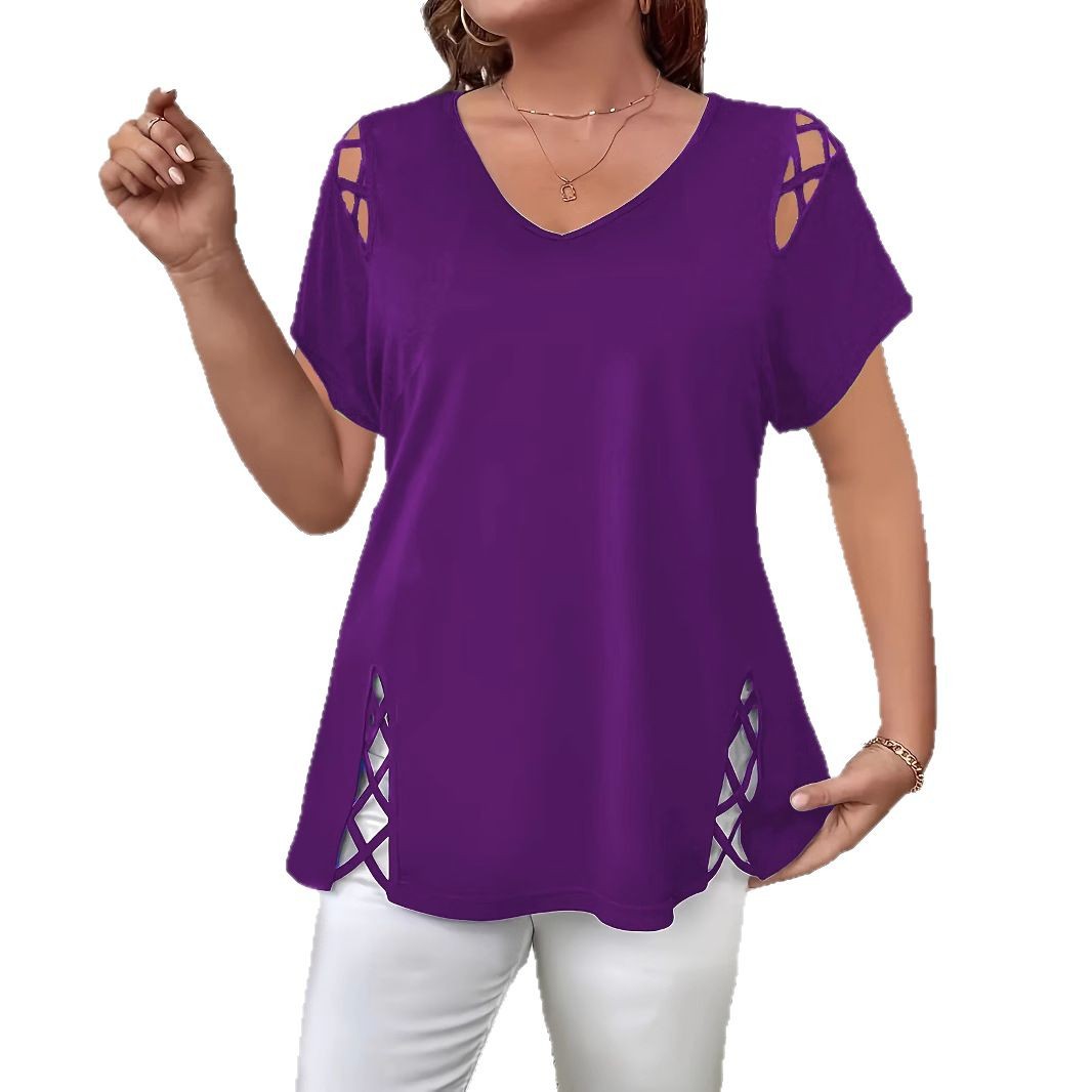 Women's Solid V-Neck Cross-Shoulder Short-Sleeve Loose T-Shirt