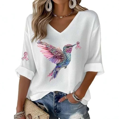 Women's Bird Sparrow Ribbon Print V-Neck Half-Sleeve T-Shirt