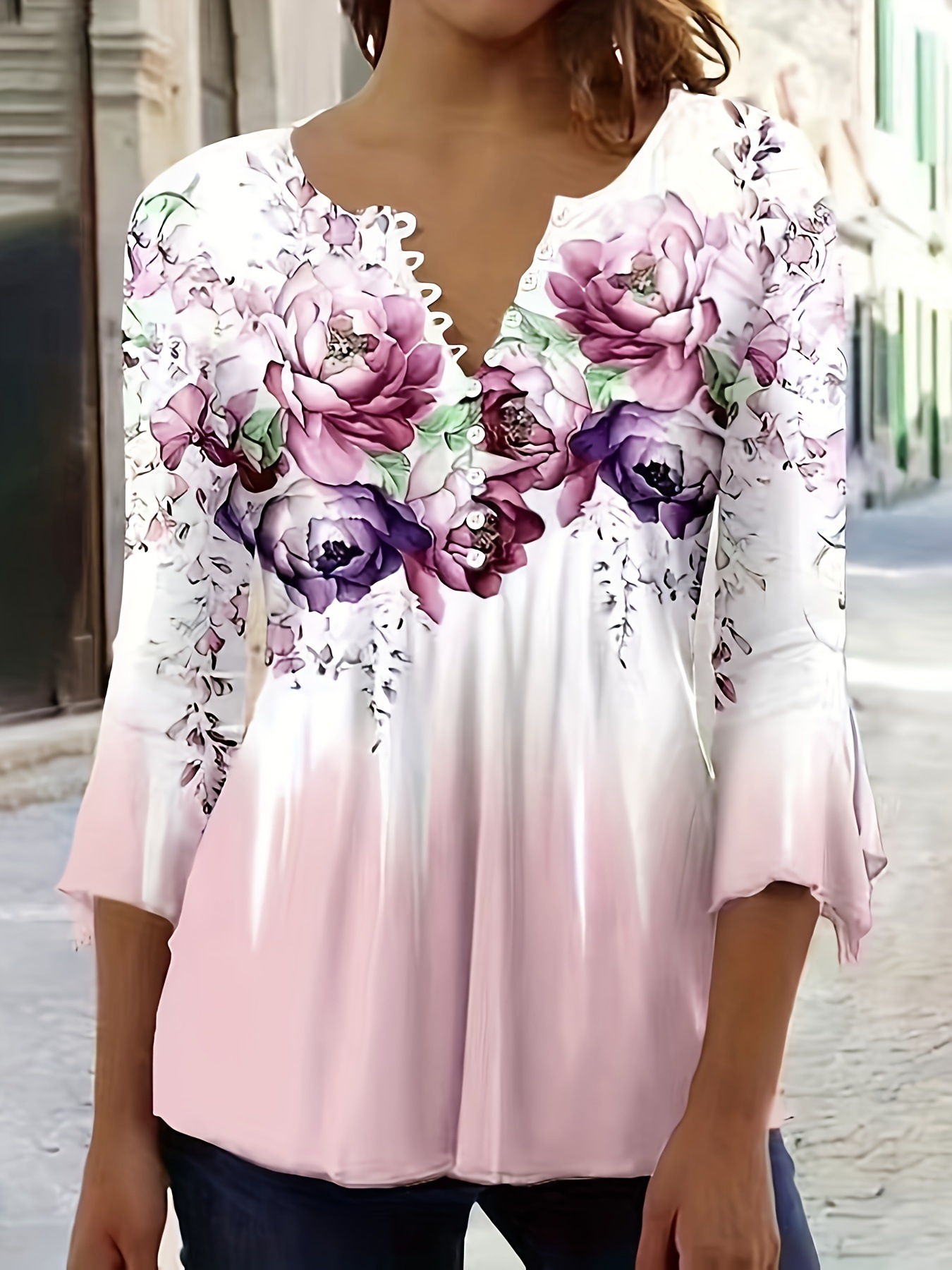 Women's V-Neck Button Floral Print Bell Sleeve Top