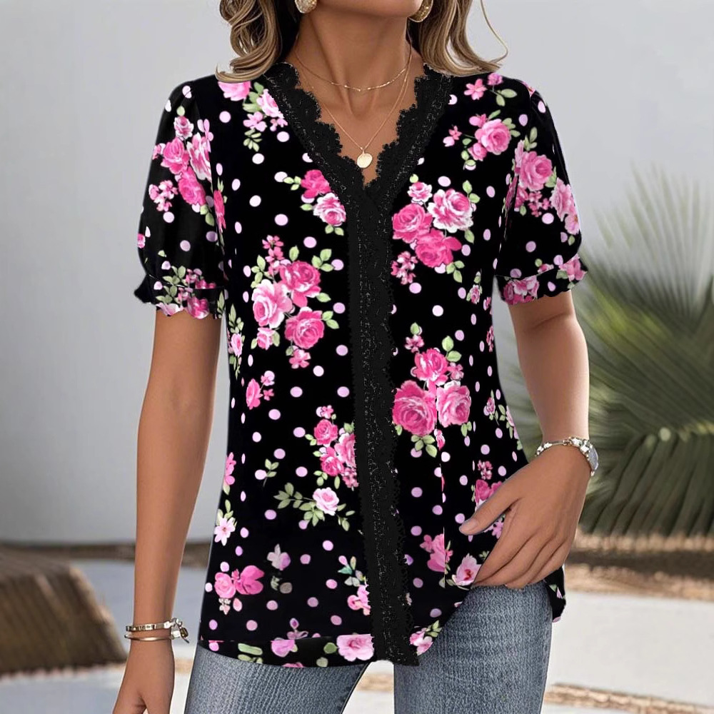 Women's Printed V-Neck Short Sleeve Top
