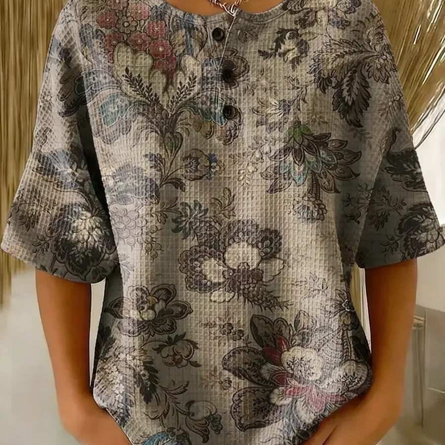 Floral Plaid Print Crewneck Short Sleeve Button Top