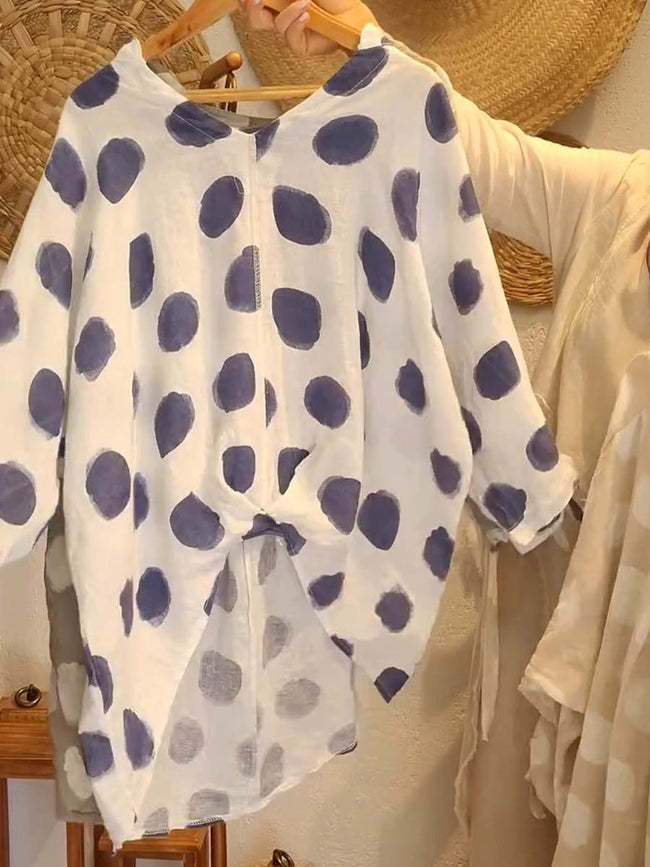 Women's V-Neck Polka Dot Print Half-Sleeve Top