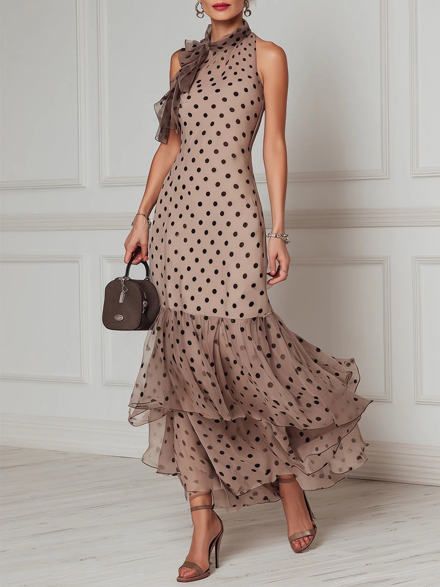 French Halter Tie-Bow Polka Dot Mesh Sleeveless Cinched Waist Mermaid Hem Long Dress