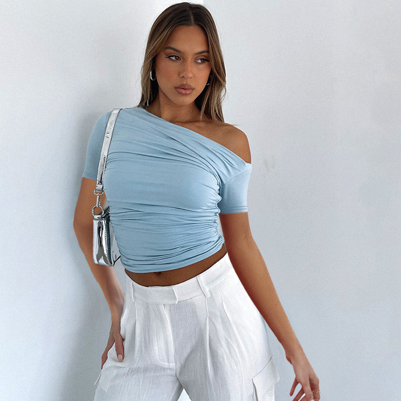 Women's One-Shoulder Ruched Short Sleeve Crop Top