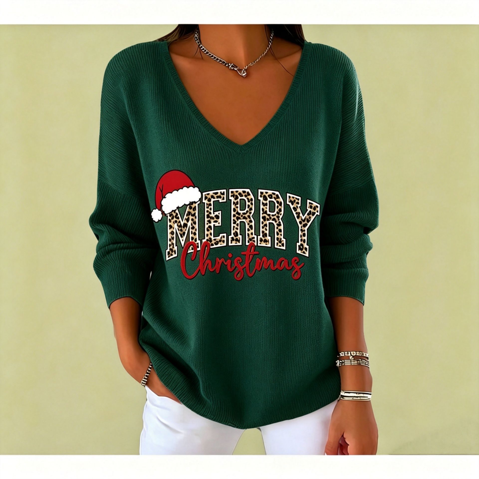 Christmas Letter Print V-Neck Long Sleeve Women's T-Shirt
