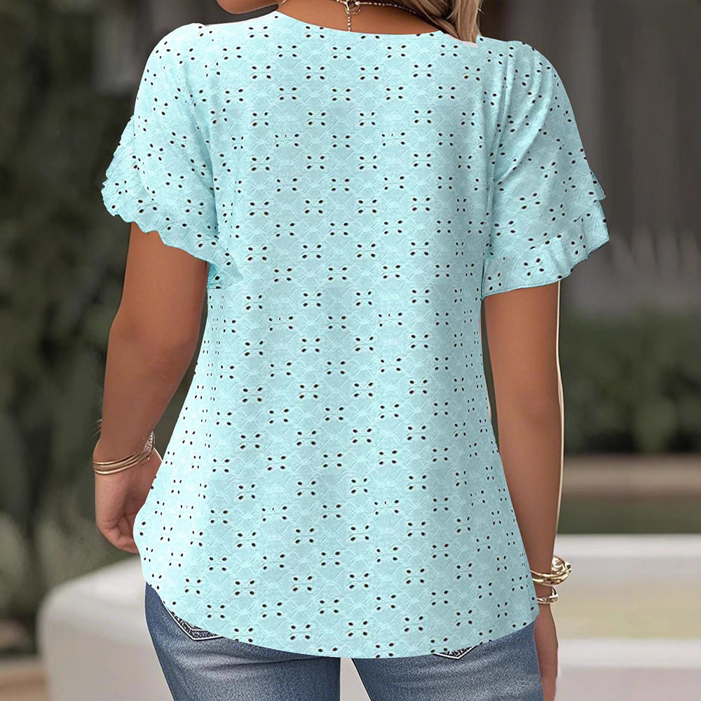 Women's Solid Color Lace Short Sleeve Hollow Out T-Shirt Casual Top