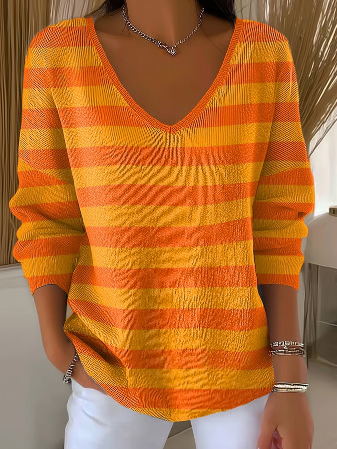 Colorful Leaf Striped V-Neck Long-Sleeve T-Shirt for Women