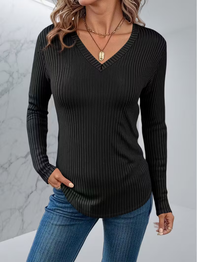 Women's Solid V-Neck Long Sleeve T-Shirt Regular Fit Casual Elegant