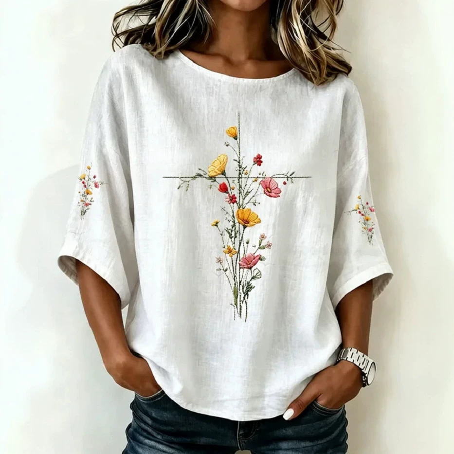 Women's Casual Crewneck 3D Floral Print Mid-Sleeve Top