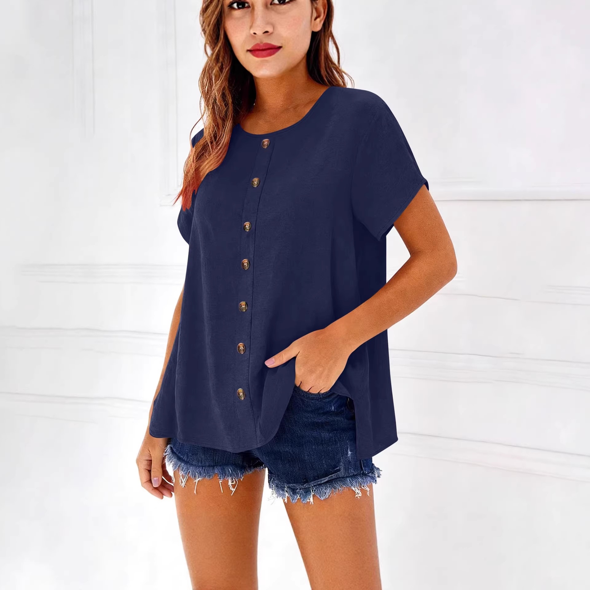 Elegant Button-Trim Solid Short-Sleeve Crewneck T-Shirt
