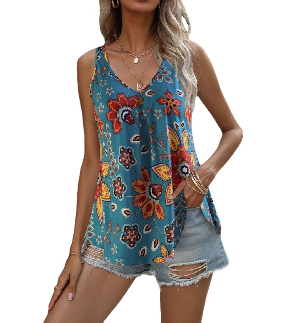 Women's V-Neck Sleeveless Cami Top - Loose Fit Printed