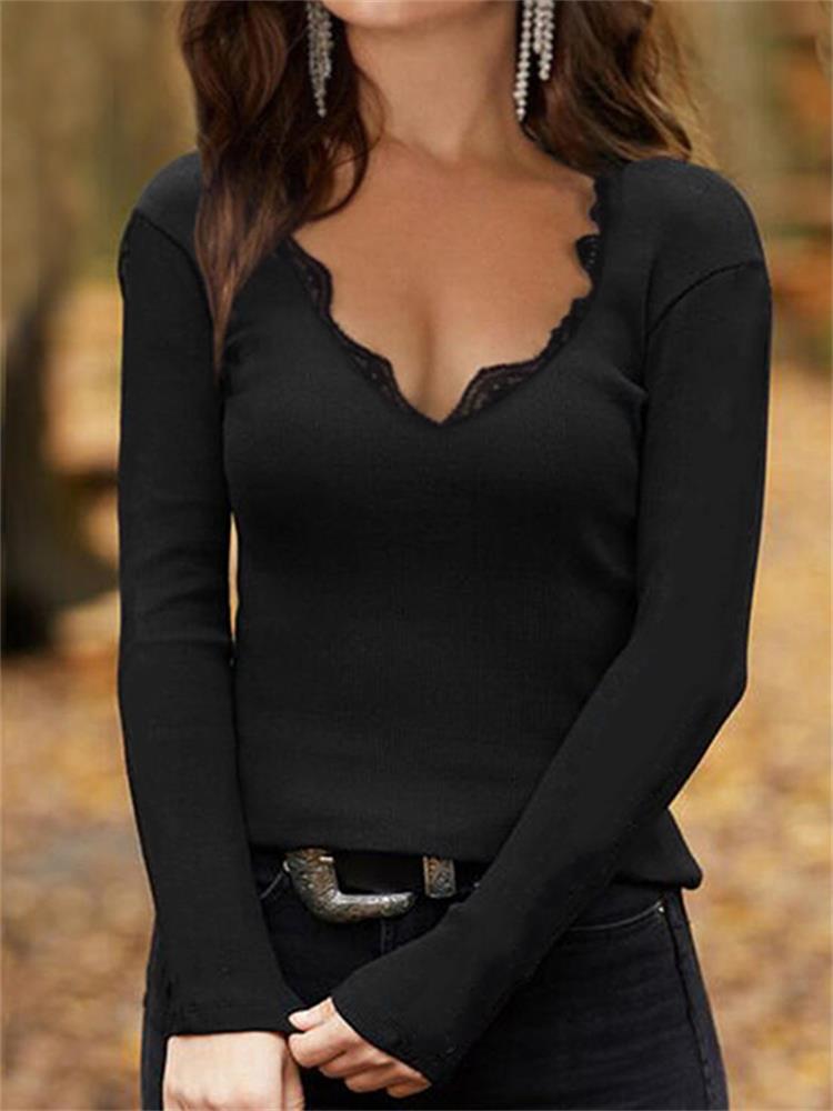 Digital Print Lace Trim V-Neck Long Sleeve Top