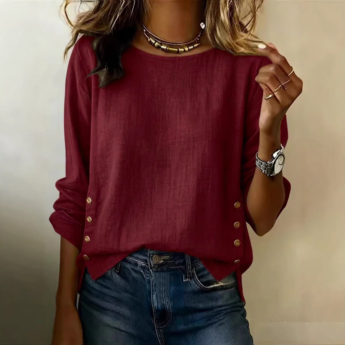 Women's Summer Cotton-Linen Crewneck Loose Casual T-Shirt