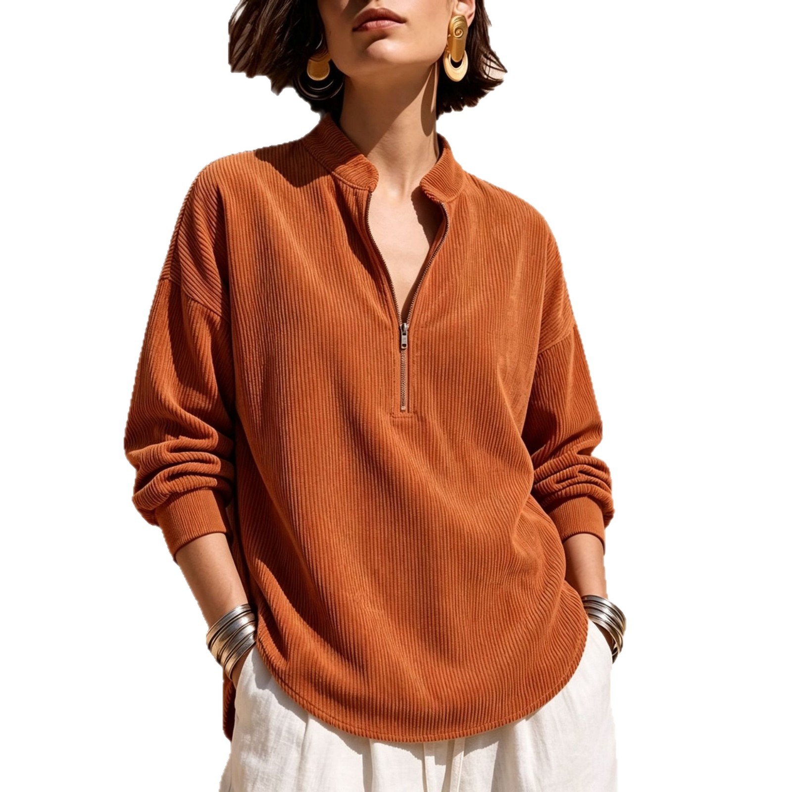 Women's Solid Corduroy Stand Collar Long Sleeve Loose Casual Top