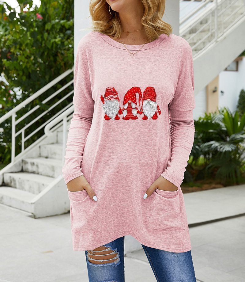 Santa Print Loose Long-Sleeve T-Shirt for Women