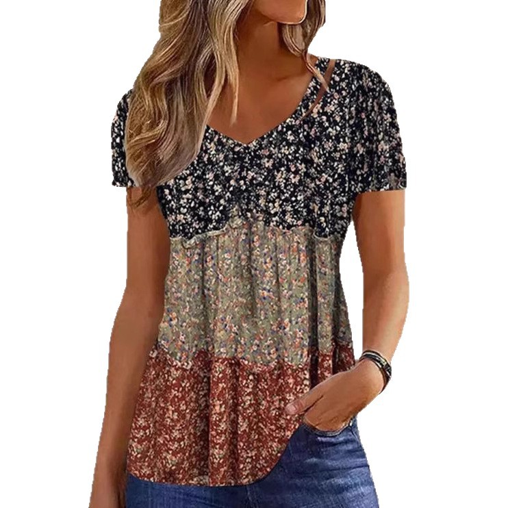 Women's Colorblock V-Neck Short Sleeve Printed T-Shirt