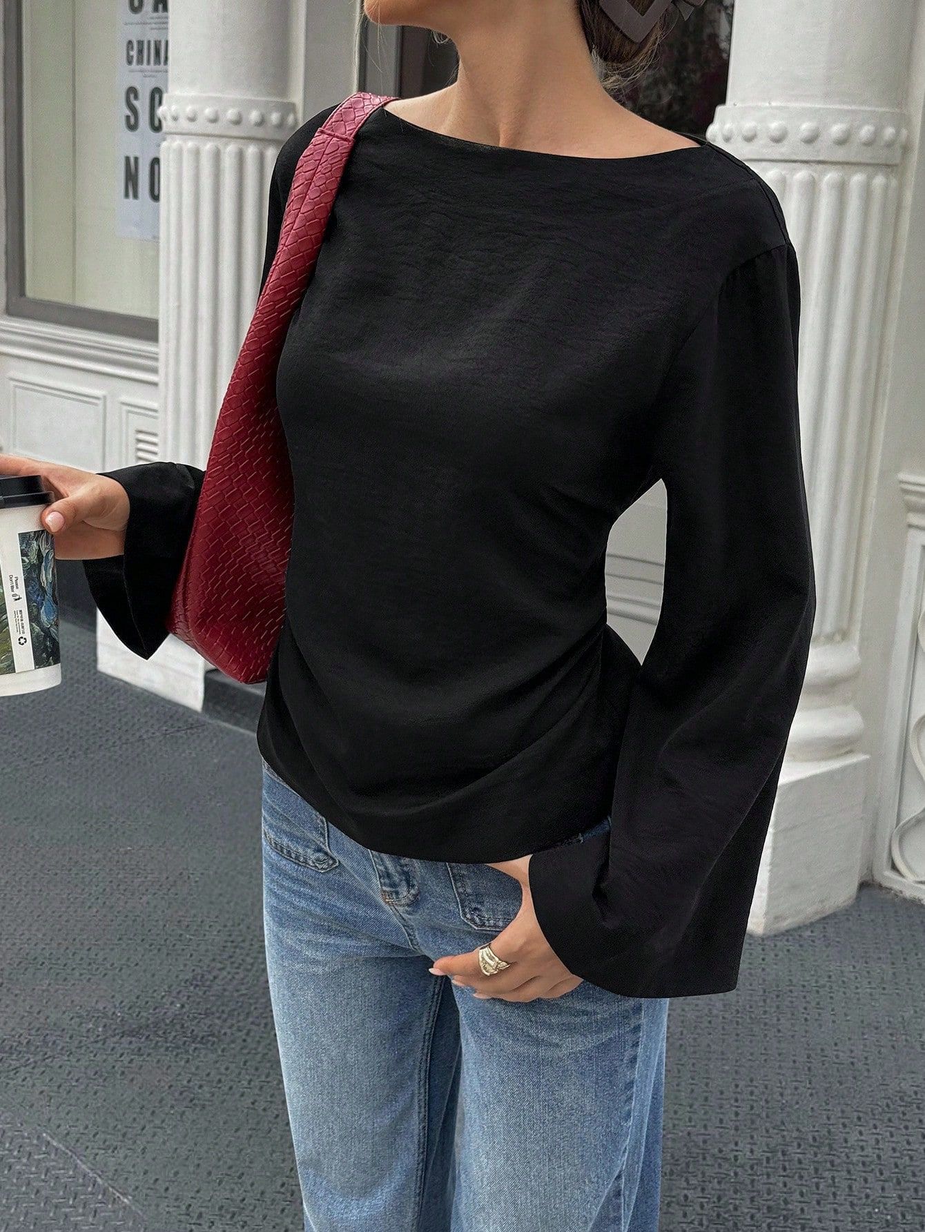 Solid Color Boat Neck Flared Sleeve Cinched Waist Long Sleeve Top