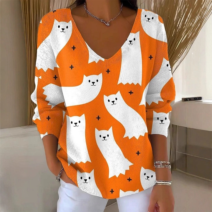 Women's V-Neck Long-Sleeve Cat Floral Pumpkin Print T-Shirt