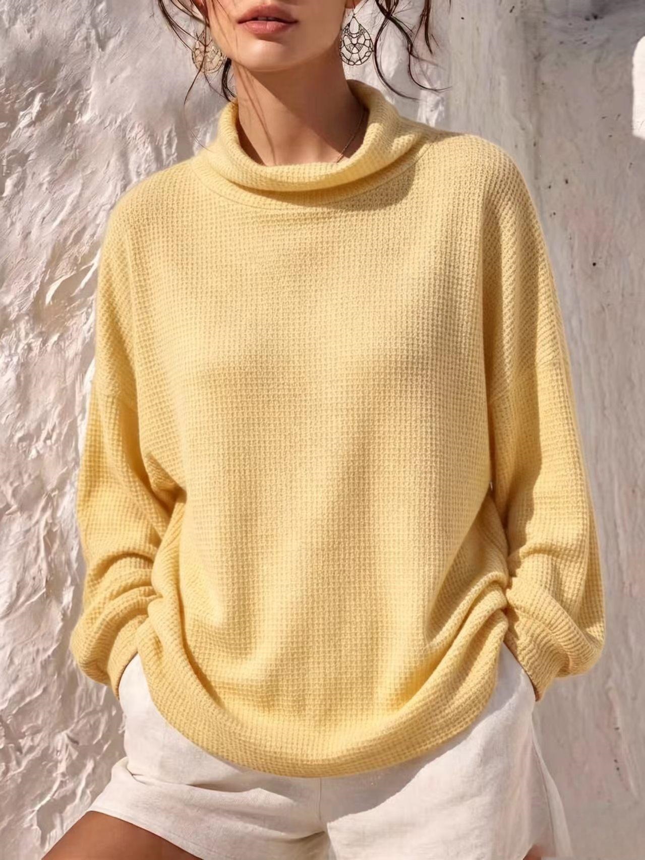 Waffle Knit Long Sleeve Scarf Neck Top Women's Loose Solid Color