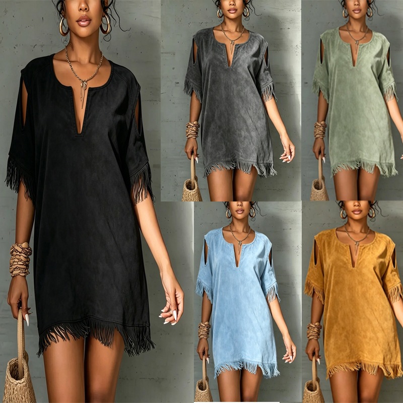 Suede Fringe Dress V-Neck Off-Shoulder Short Sleeve Loose Midi