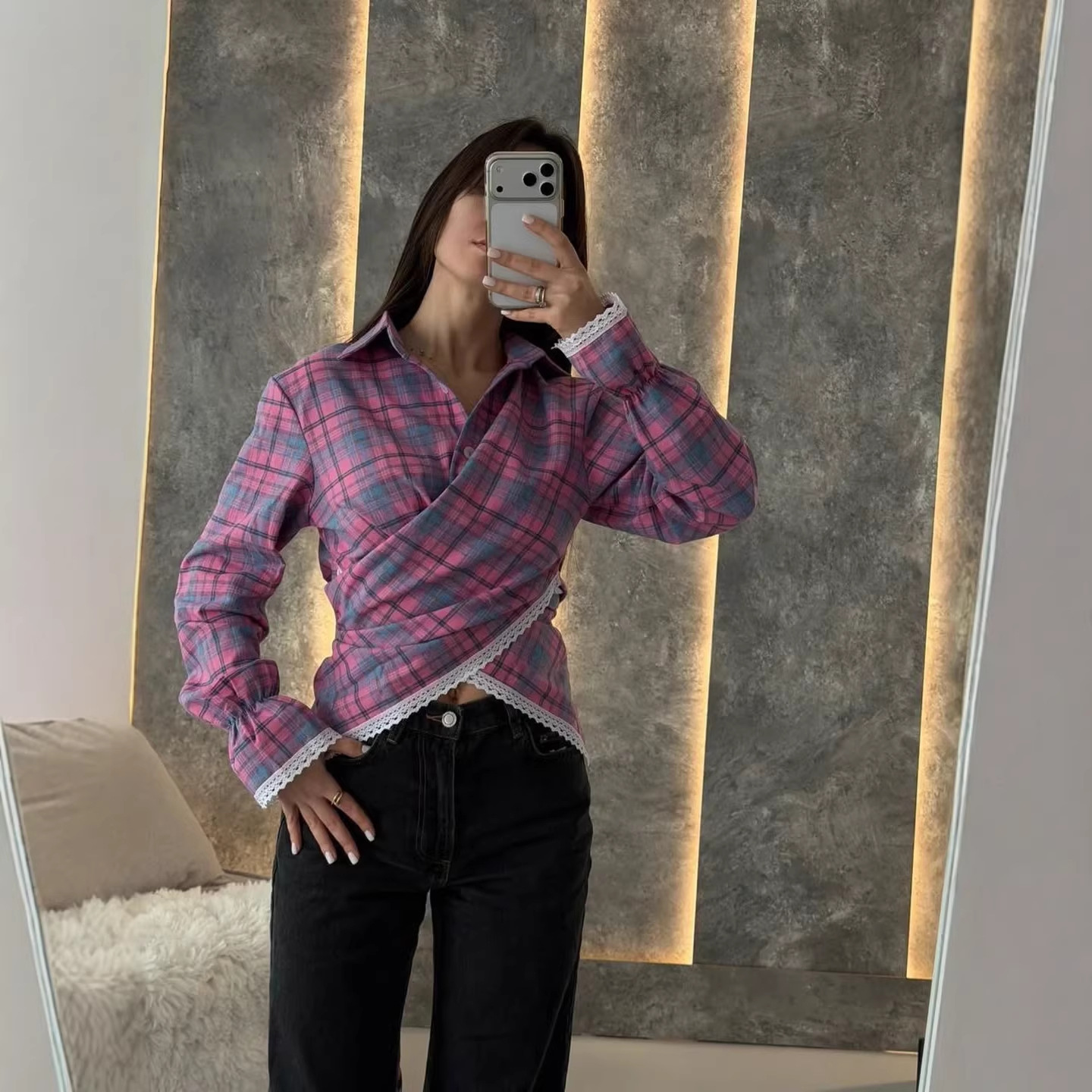 Women's Retro Plaid Long-Sleeve Polo Shirt