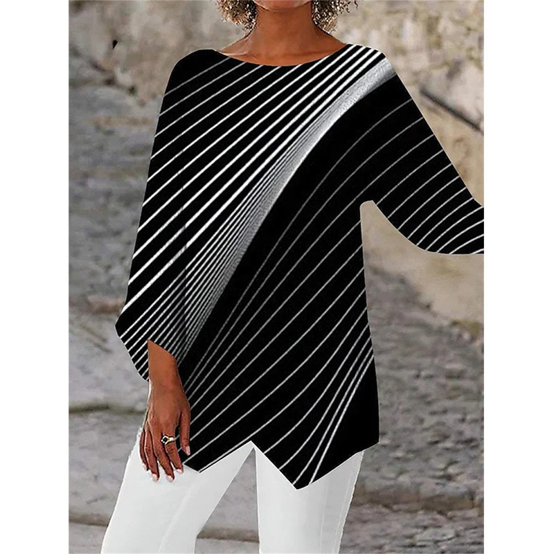 Geometric Floral Print Long Sleeve Patchwork Round Neck Shirt