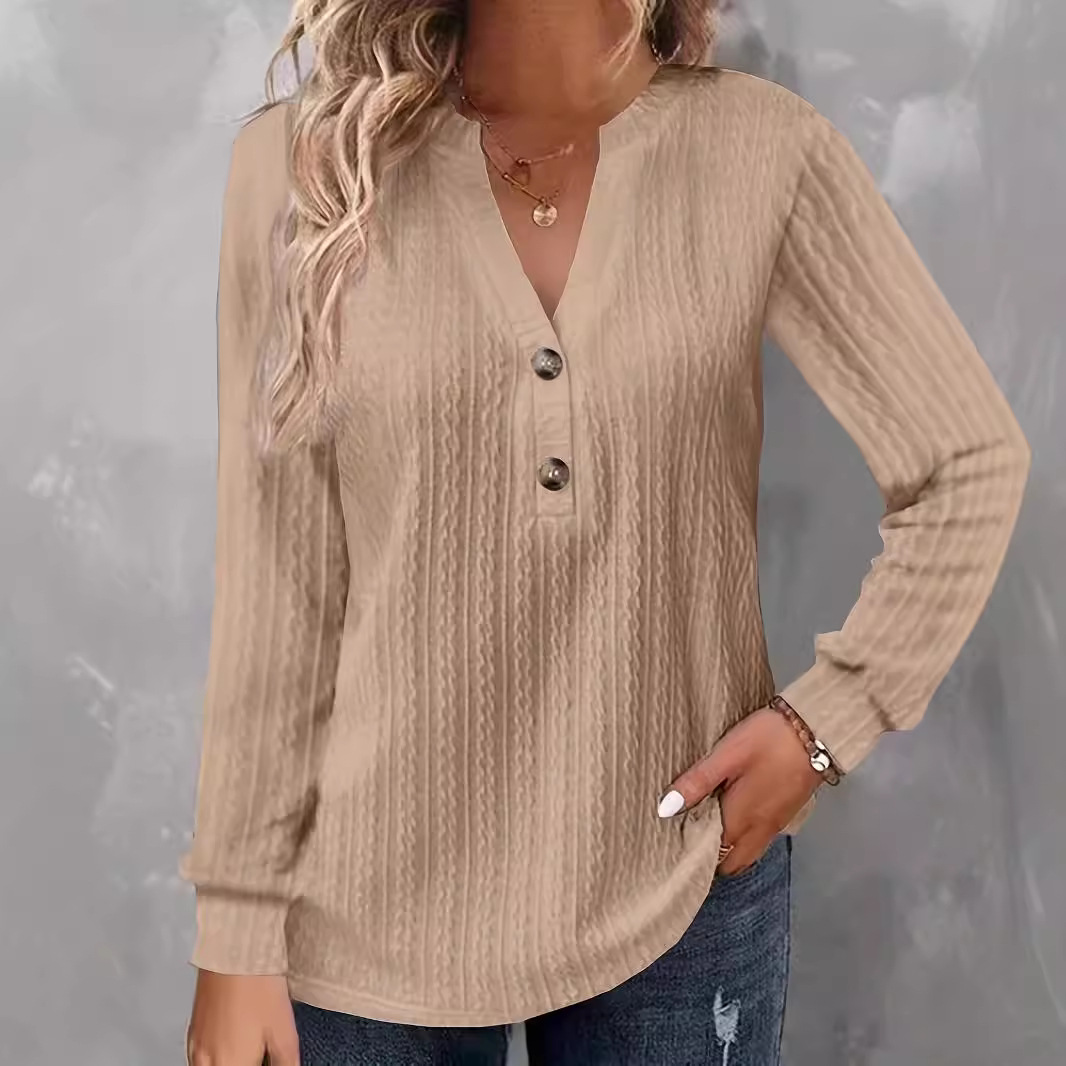 Women's Long Sleeve V-Neck Button T-Shirt Solid Color Top